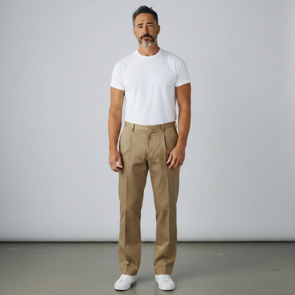 Tommy Bahama Mens Pleated Silk Gold-Khaki Trousers Tan Herringbone Dress Pants